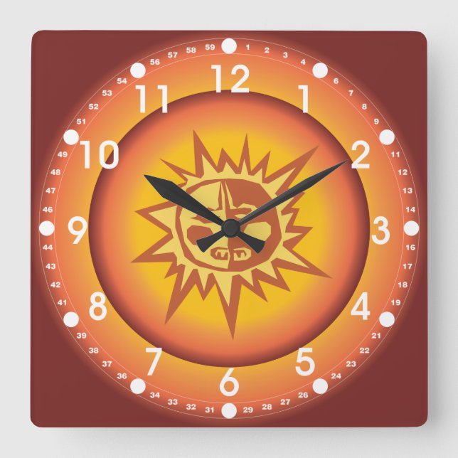 Primitive Tribal Sun Design Red Orange Glow Square Wall Clock (Front)