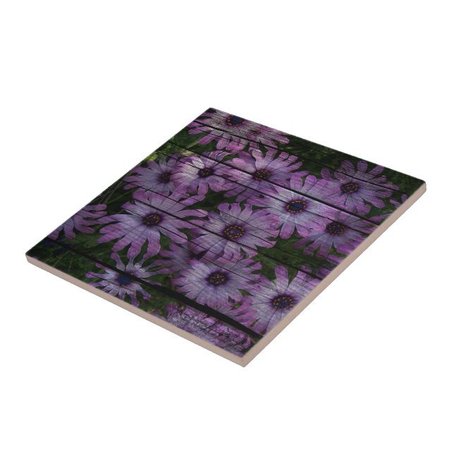 Primitive Western Country Barn plank purple daisy Ceramic Tile (Side)