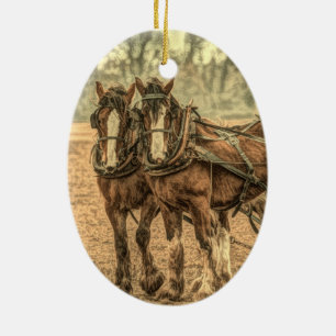 Primitive Western country farm horses Ceramic Tree Decoration