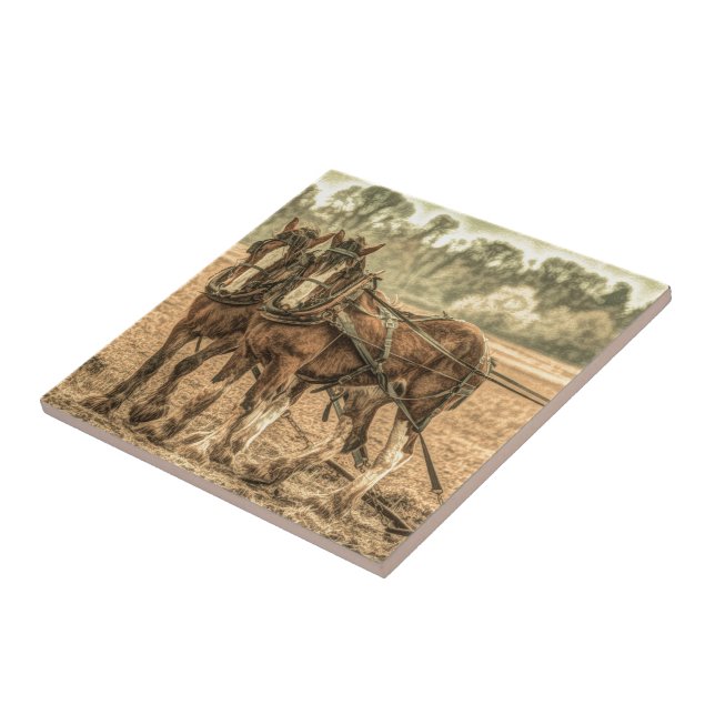 Primitive Western country farm horses Tile (Side)
