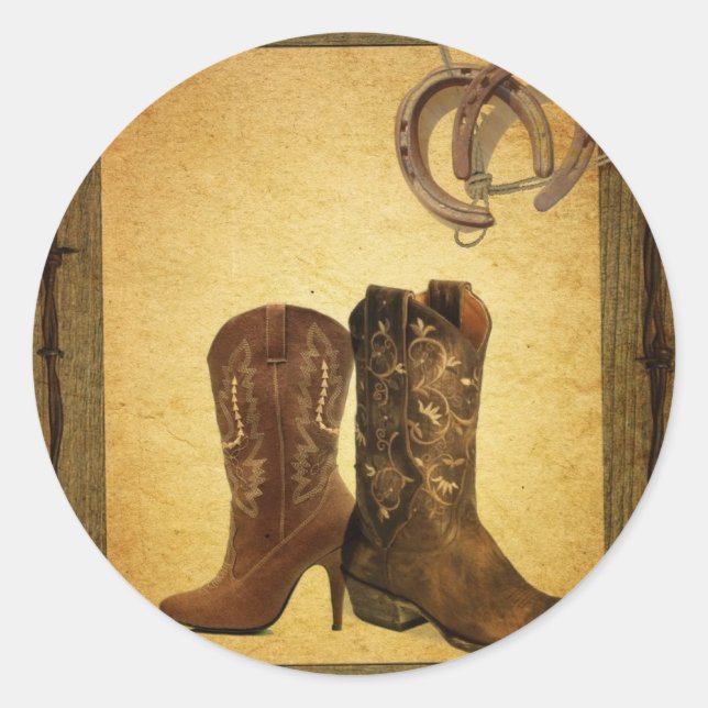 primitive western country horseshoe cowboy boots classic round sticker (Front)