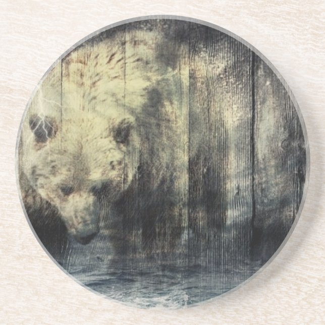 Primitive Western Woodgrain Woodland Grizzly Bear Coaster (Front)