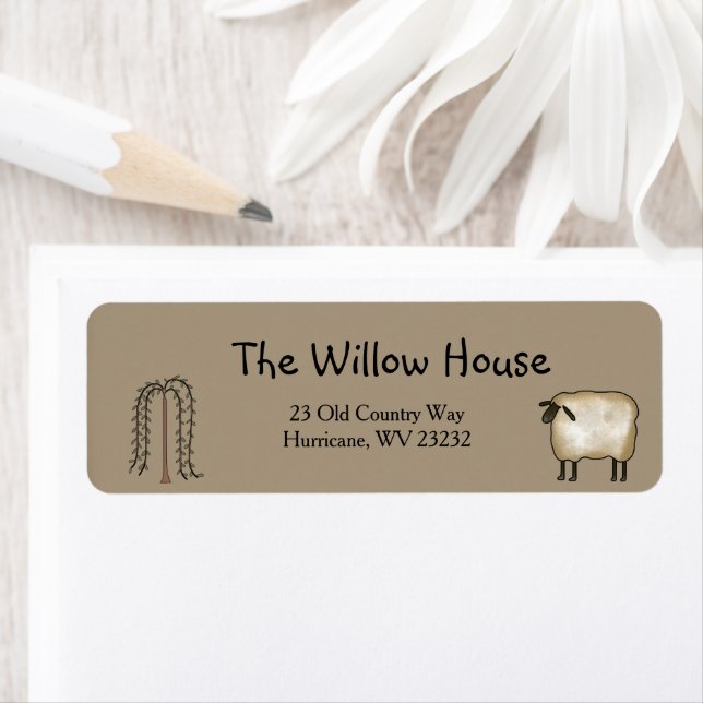Primitive  Willow Tree and Sheep Return Address Label (Insitu)