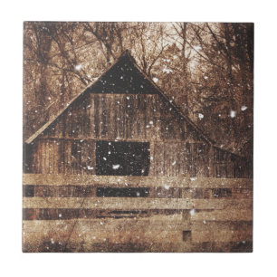 Primitive Winter Snow Country Rural Old Barn Ceramic Tile