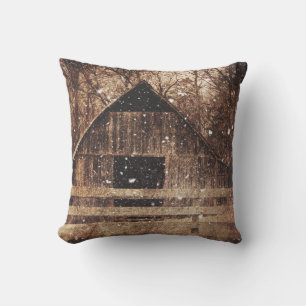Primitive Winter Snow Country Rural Old Barn Cushion