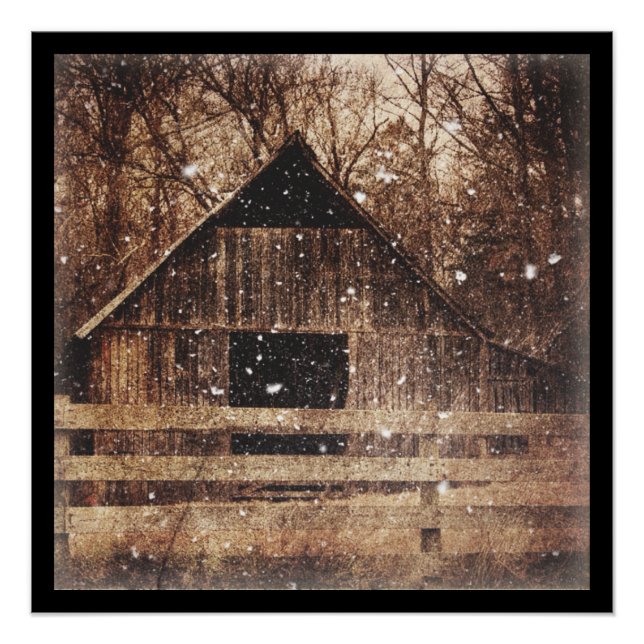 Primitive Winter Snow Country Rural Old Barn Poster (Front)
