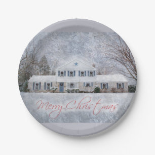 Primitive Winter Snow Country Rustic Open House Paper Plate
