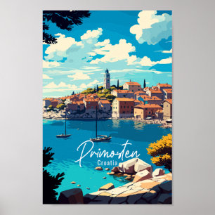 Primosten Croatia vintage travel illustration Poster