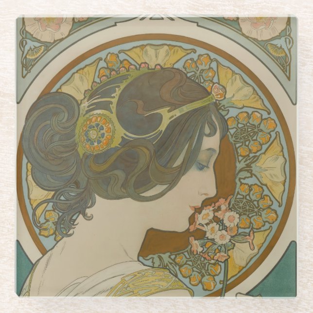 Primrose by Alphonse Mucha  Glass Coaster (Front)