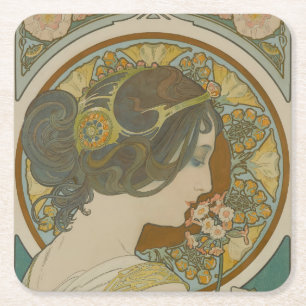 Primrose by Alphonse Mucha  Square Paper Coaster