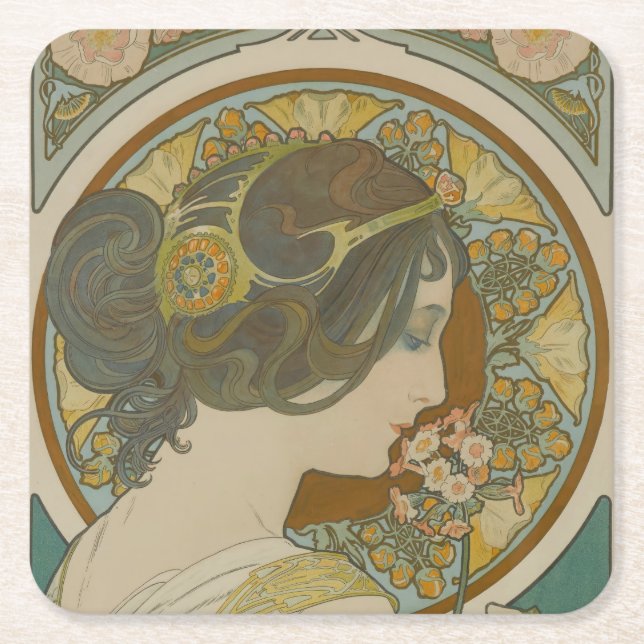 Primrose by Alphonse Mucha  Square Paper Coaster (Front)