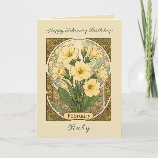 Primrose February Birthday Flowers Art Nouveau Sty Card (Front)