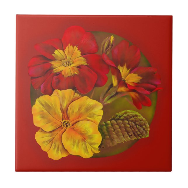 Primrose red and yellow fine art painted tile (Front)