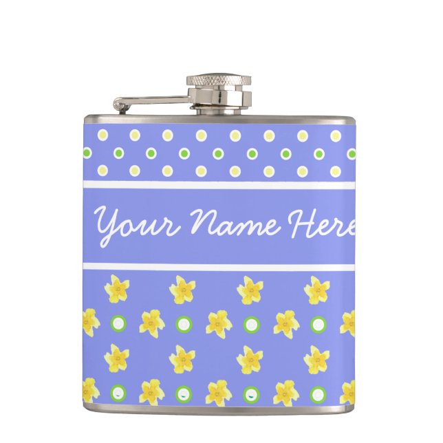 Primroses Hip Flask: Personalise: Polka Dots, Blue Flask (Front)