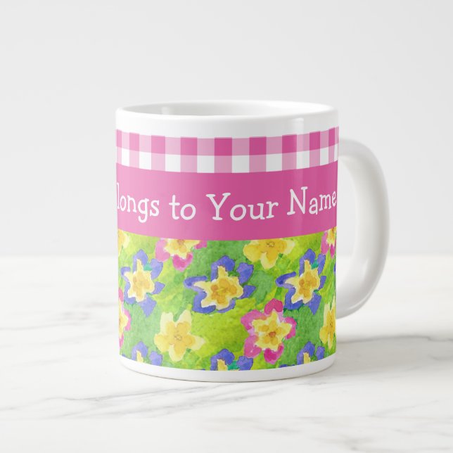 Primroses Jumbo Mug to Personalise: Pink Gingham (Front Right)