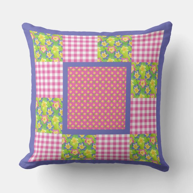 Primroses, Polka Dots and Gingham Cushion (Front)
