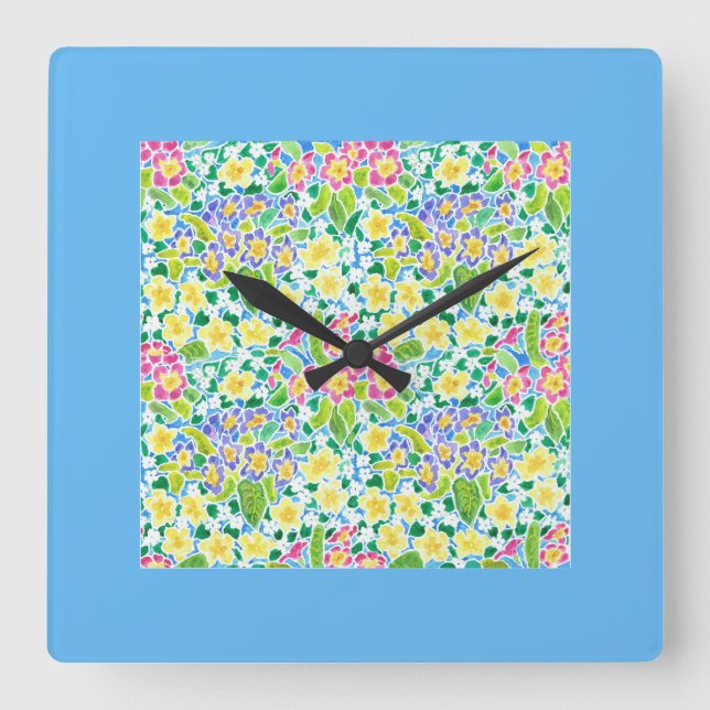 Primroses Square Wall Clock, Turquoise Border Clock (Front)