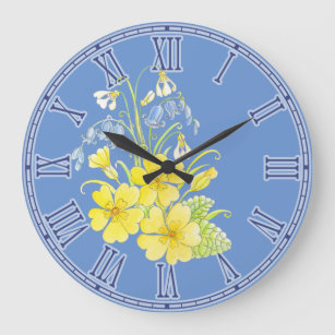Primula, bluebells, snowdrops floral wall clock