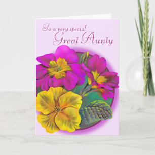 Primula Great Aunty pink purple birthday card
