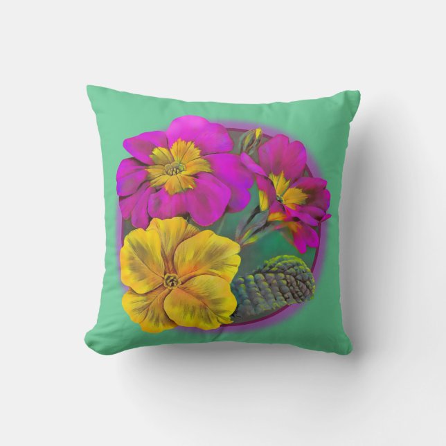 Primula green, yellow & pink fine art throw pillow (Front)