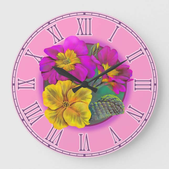 Primula purple & yellow fine botanical wall clock (Front)