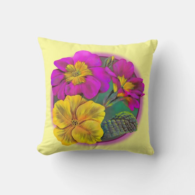 Primula yellow & pink fine art throw pillow (Front)