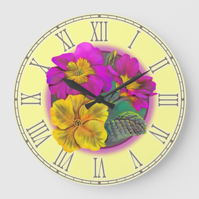 Primula yellow purple fine botanical wall clock (Front)
