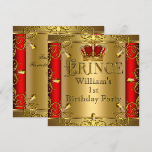 Prince 1st Birthday Boy Red Gold Crown 2 Invitation