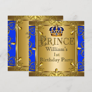 Prince 1st Birthday Boy Royal Blue Gold Crown 2 Invitation