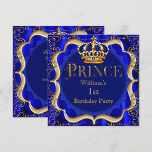 Prince 1st Birthday Boy Royal Blue Gold Crown A Invitation