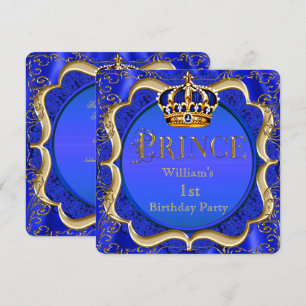Prince 1st Birthday Boy Royal Blue Gold Crown A Invitation