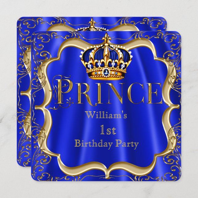 Prince 1st Birthday Boy Royal Blue Gold Crown B Invitation (Front/Back)