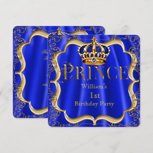 Prince 1st Birthday Boy Royal Blue Gold Crown B Invitation