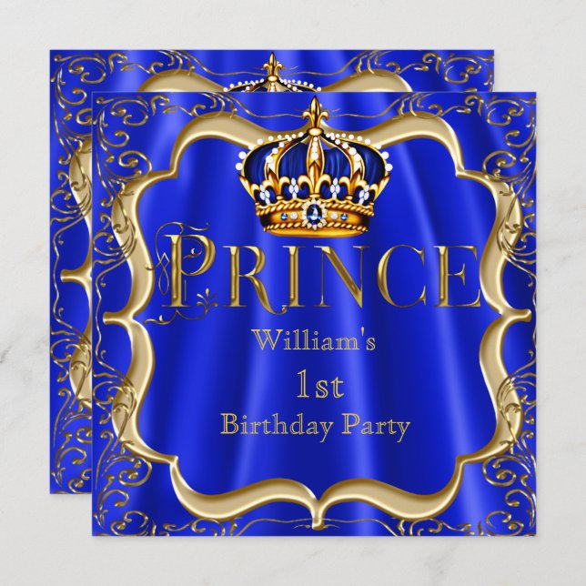 Prince 1st Birthday Boy Royal Blue Gold Crown B Invitation (Front/Back)