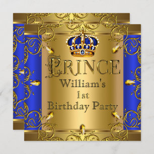 Prince 1st Birthday Boy Royal Blue Gold Crown Invitation