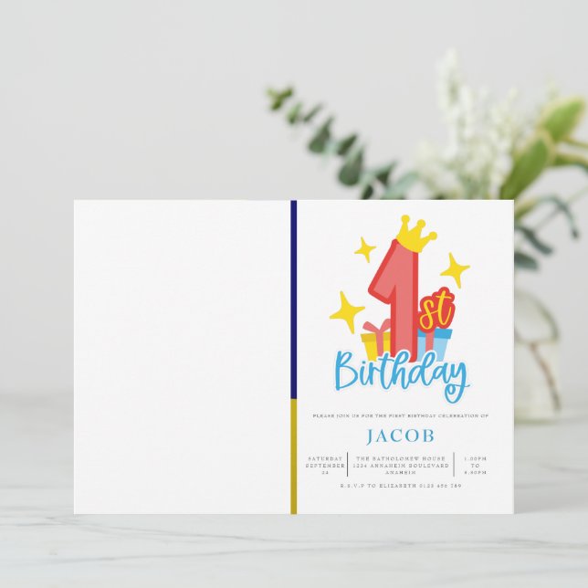 Prince 1st Birthday Party Photo Invitation (Standing Front)