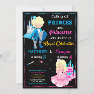 Prince and Princess birthday invitation Dual party
