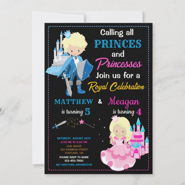 Prince and Princess birthday invitation Dual party (Front)
