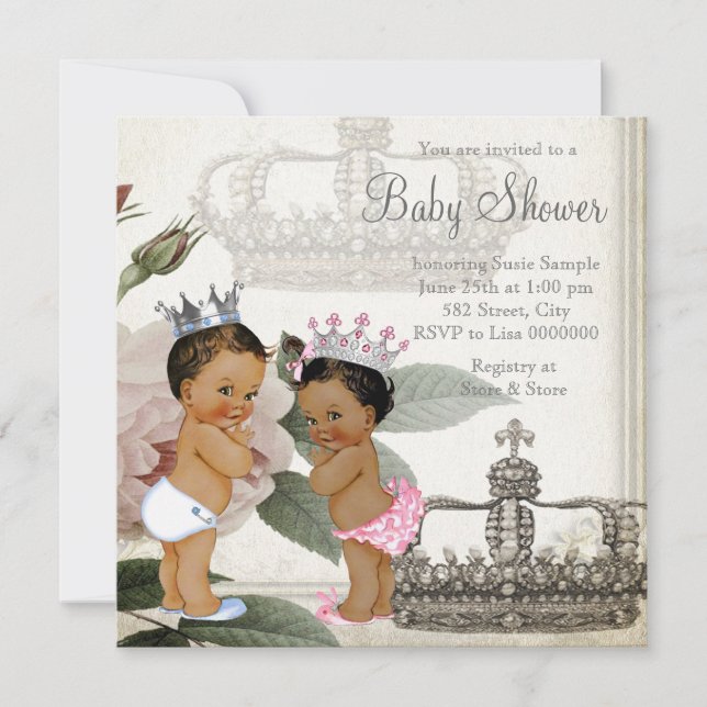 Prince and Princess Ethnic Twin Baby Shower Invitation (Front)
