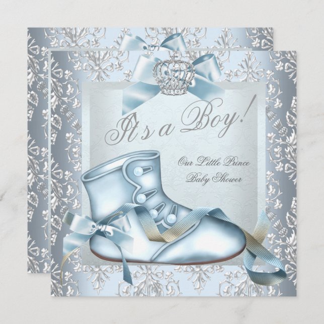 Prince Baby Shower Baby Boy Blue Damask Shoe 4E Invitation (Front/Back)