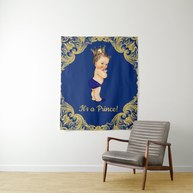 Prince Baby Shower Backdrop Banner Tapestry (In Situ)