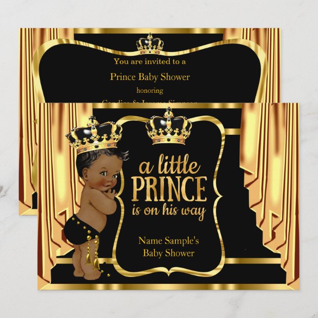Prince Baby Shower Black Gold Drapes Ethnic Invitation (Front/Back)