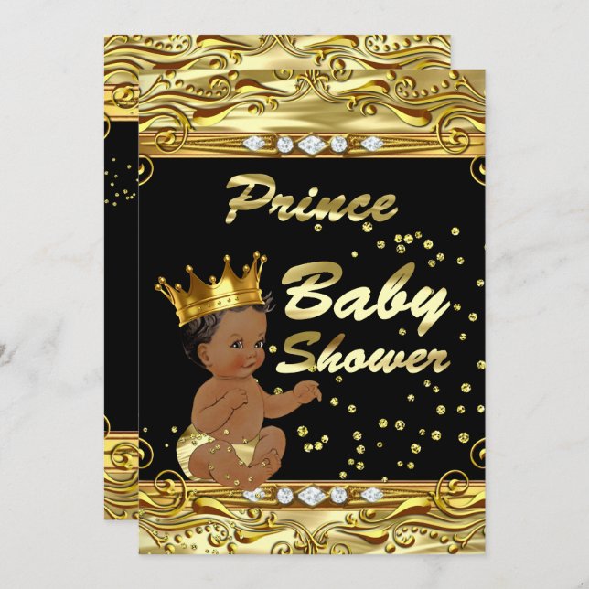 Prince Baby Shower Black Gold Sprinkle Ethnic Invitation (Front/Back)