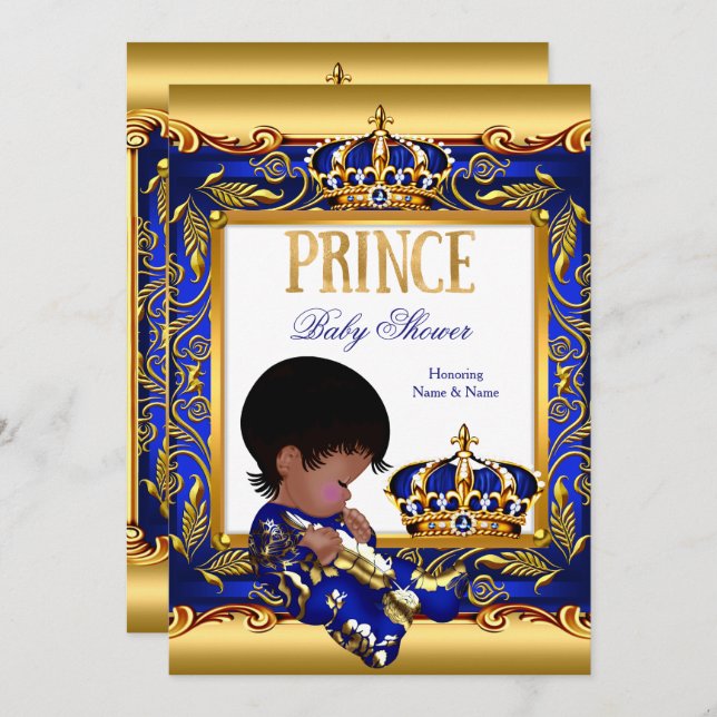 Prince Baby Shower Blue Gold African American Foil Invitation (Front/Back)