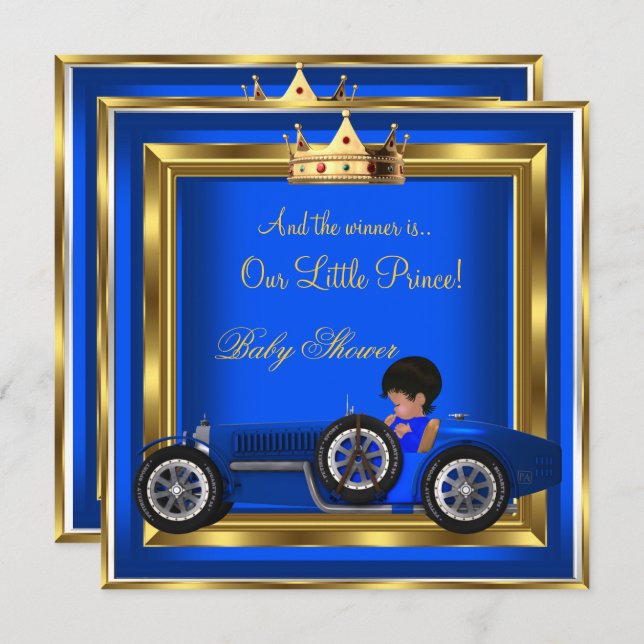 Prince Baby Shower Blue Gold Boy Racing Car Invitation (Front/Back)