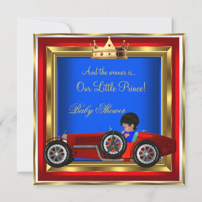 Prince Baby Shower Blue Gold Boy Red Racing Car 2 Invitation (Front)