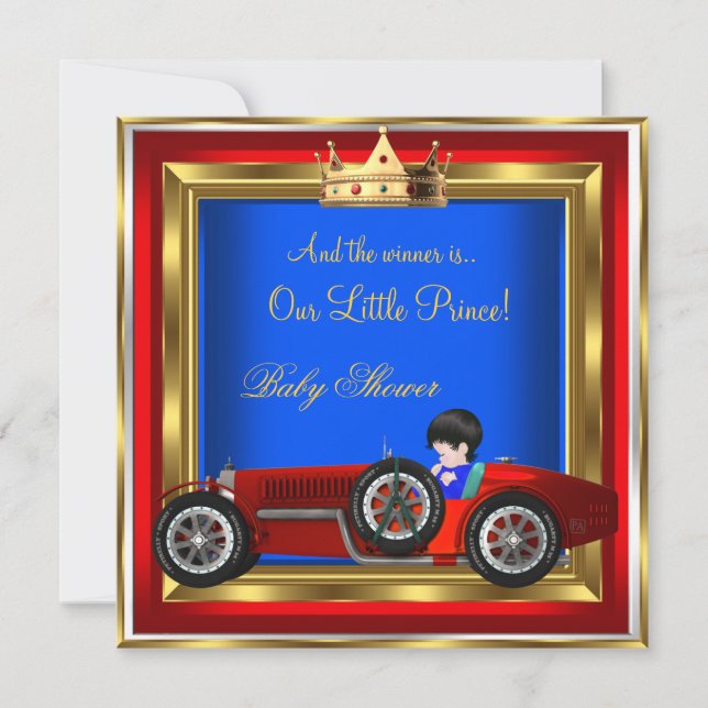 Prince Baby Shower Blue Gold Boy Red Racing Car 2 Invitation (Front)
