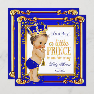 Prince Baby Shower Blue Gold Crown Brunette Boy Invitation