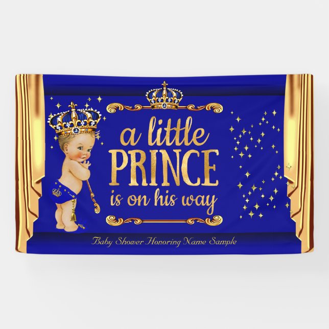 Prince Baby Shower Blue Gold Drapes Blonde Boy Banner (Horizontal)