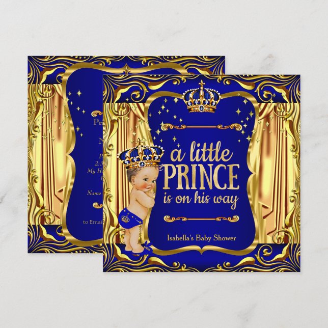 Prince Baby Shower Blue Gold Prince Brunette Boy Invitation (Front/Back)